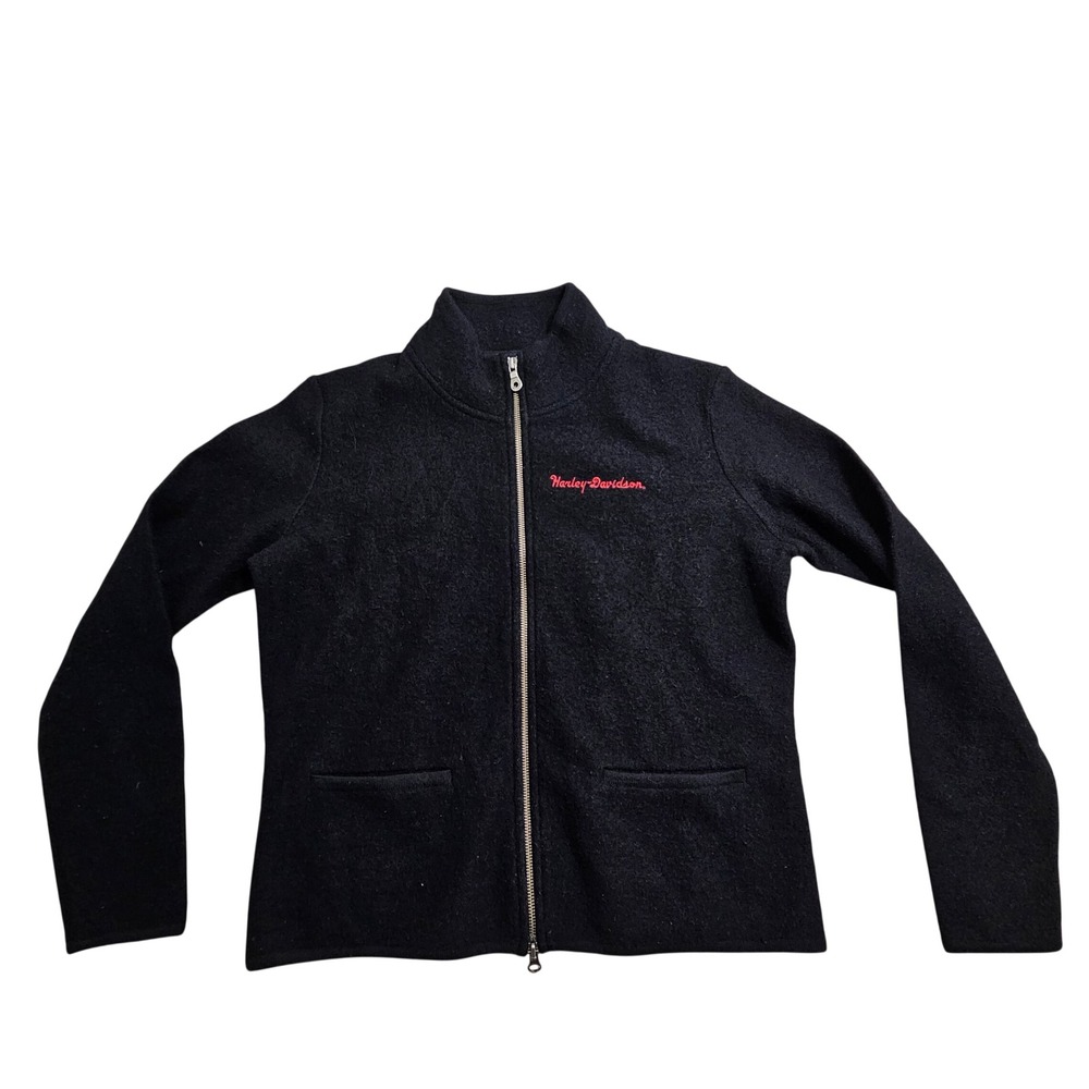 Harley-Davidson Vintage Wool Sweater Jacket Large Black Full Zip Mock Neck